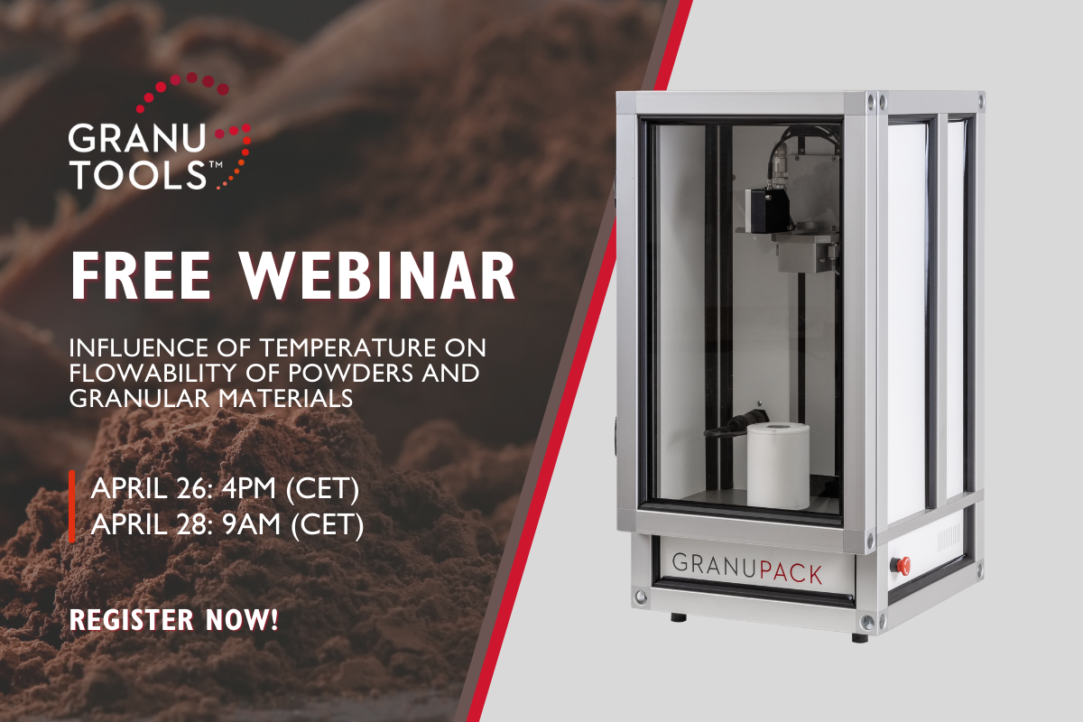 banner of our next webinar in april 2022 focusing on the influence of temperature on flowability of powders and granular materials